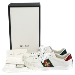 Pre Owned Gucci White Leather Ace Web Bee Low Top Sneakers Size 44