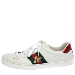 Pre Owned Gucci White Leather Ace Web Bee Low Top Sneakers Size 44