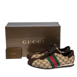 Pre Owned حذاء رياضي غوتشي كانفاس GG  وسويدي نمط ويب بيج/ني بعنق منخفض مقاس 40.5