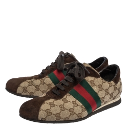 Pre Owned حذاء رياضي غوتشي كانفاس GG  وسويدي نمط ويب بيج/ني بعنق منخفض مقاس 40.5