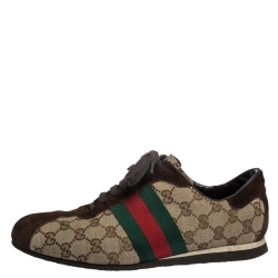 Pre Owned حذاء رياضي غوتشي كانفاس GG  وسويدي نمط ويب بيج/ني بعنق منخفض مقاس 40.5