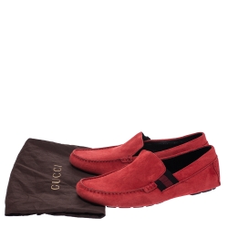Gucci Red Suede Web Detail New Praga Slip On Loafers Size 42.5