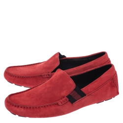 Gucci Red Suede Web Detail New Praga Slip On Loafers Size 42.5