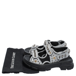 Gucci Grey/Black Leather and Mesh Aguru Studded Sandals Size 41