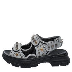 Gucci Grey/Black Leather and Mesh Aguru Studded Sandals Size 41