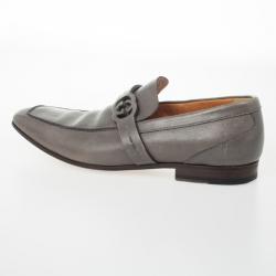 Pre Owned Gucci Grey Leather GG Loafers Size 43