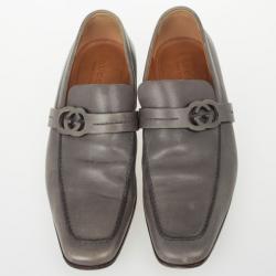 Pre Owned Gucci Grey Leather GG Loafers Size 43