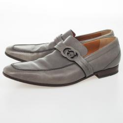 Pre Owned Gucci Grey Leather GG Loafers Size 43