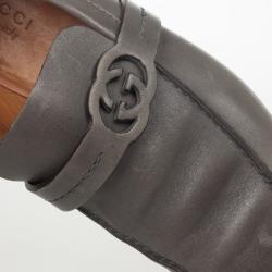 Pre Owned Gucci Grey Leather GG Loafers Size 43