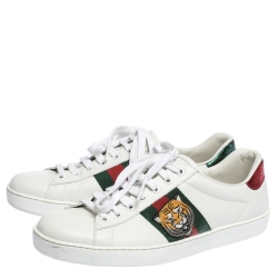 Pre Owned Gucci White Leather Ace Embroidered Tiger Low Top Sneakers Size 41