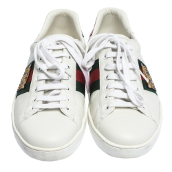 Pre Owned Gucci White Leather Ace Embroidered Tiger Low Top Sneakers Size 41