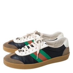 Pre Owned Gucci Black/Brown Leather and Suede Web Detail Lace Up Sneakers Size 44.5