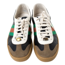 Pre Owned Gucci Black/Brown Leather and Suede Web Detail Lace Up Sneakers Size 44.5
