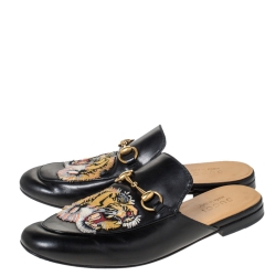 Pre Owned Gucci Black Tiger Embroidered Leather Princetown Horsebit Mules Size 40.5