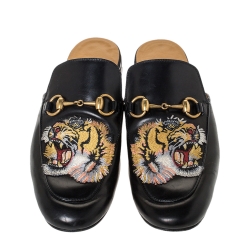 Pre Owned Gucci Black Tiger Embroidered Leather Princetown Horsebit Mules Size 40.5