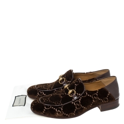 Gucci Brown GG Velvet And Leather Jordaan Horsebit Loafers Size 40.5