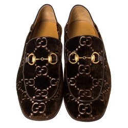 Gucci Brown GG Velvet And Leather Jordaan Horsebit Loafers Size 40.5