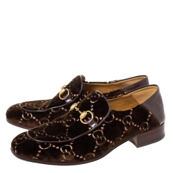 Gucci Brown GG Velvet And Leather Jordaan Horsebit Loafers Size 40.5