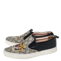 Gucci Black/Beige GG Supreme Canvas And Leather Tiger Slip On Sneakers Size 41.5