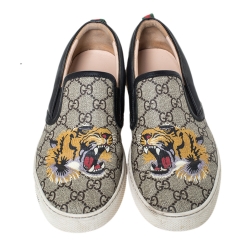 Gucci Black/Beige GG Supreme Canvas And Leather Tiger Slip On Sneakers Size 41.5