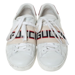 Pre Owned حذاء رياضي غوتشي "اسي" مزين مقلم و بطراز منخفض من أعلى جلد أبيض مقاس 40.5