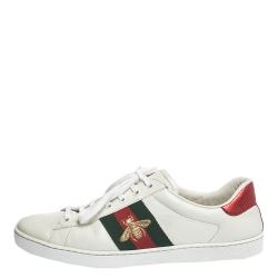 Gucci White Leather Ace Bee Web Low Top Sneakers Size 42