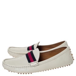 Pre Owned Gucci Cream Leather Web Trim Loafers Size 40