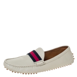 Pre Owned Gucci Cream Leather Web Trim Loafers Size 40