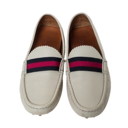 Pre Owned Gucci Cream Leather Web Trim Loafers Size 40