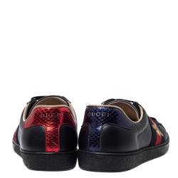 Gucci Black Leather Ace Web Bee Low Top Lace Up Sneakers Size 40.5