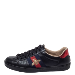 Gucci Black Leather Ace Web Bee Low Top Lace Up Sneakers Size 40.5