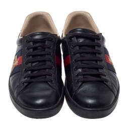 Gucci Black Leather Ace Web Bee Low Top Lace Up Sneakers Size 40.5