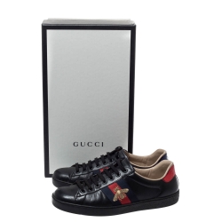 Gucci Black Leather Ace Web Bee Low Top Lace Up Sneakers Size 40.5