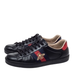 Gucci Black Leather Ace Web Bee Low Top Lace Up Sneakers Size 40.5