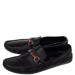 500 By Gucci Black Leather Horsebit Web Detail Driver Loafers Size 45