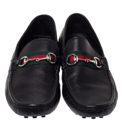 500 By Gucci Black Leather Horsebit Web Detail Driver Loafers Size 45