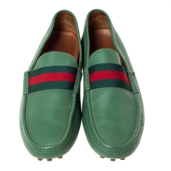 Gucci Green Leather Web Trim Loafers Size 45.5