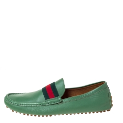 Gucci Green Leather Web Trim Loafers Size 45.5