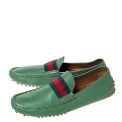 Gucci Green Leather Web Trim Loafers Size 45.5
