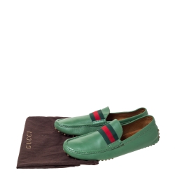 Gucci Green Leather Web Trim Loafers Size 45.5