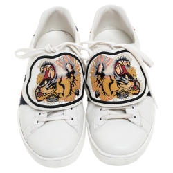 Pre Owned Gucci White Leather Ace Web Low Top Sneakers with Removable Patch Size 42