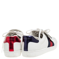 Pre Owned Gucci White Leather Ace Web Low Top Sneakers with Removable Patch Size 42