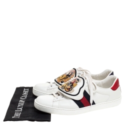 Pre Owned Gucci White Leather Ace Web Low Top Sneakers with Removable Patch Size 42