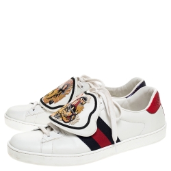 Pre Owned Gucci White Leather Ace Web Low Top Sneakers with Removable Patch Size 42