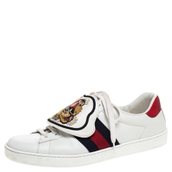 Pre Owned Gucci White Leather Ace Web Low Top Sneakers with Removable Patch Size 42