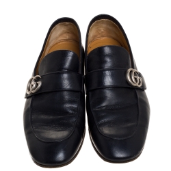 Pre Owned حذاء لوفرز غوتشى سليب أون شعار جى جى جلد أزرق مقاس 45