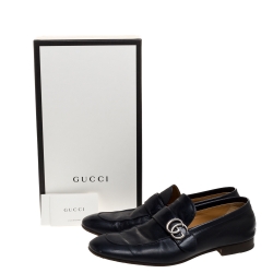 Pre Owned حذاء لوفرز غوتشى سليب أون شعار جى جى جلد أزرق مقاس 45