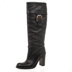 Pre Owned Gucci Black Leather Bamboo Classic High Knee Length Boots Size 38.5
