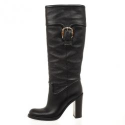 Pre Owned Gucci Black Leather Bamboo Classic High Knee Length Boots Size 38.5