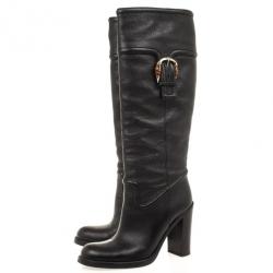 Pre Owned Gucci Black Leather Bamboo Classic High Knee Length Boots Size 38.5